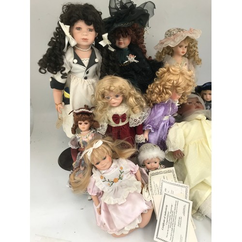 504 - 10 COLLECTORS DOLLS, KNIGHTSBRIDGE COLLECTION, 9 DOLLS SOME WITH CERTIFICATES