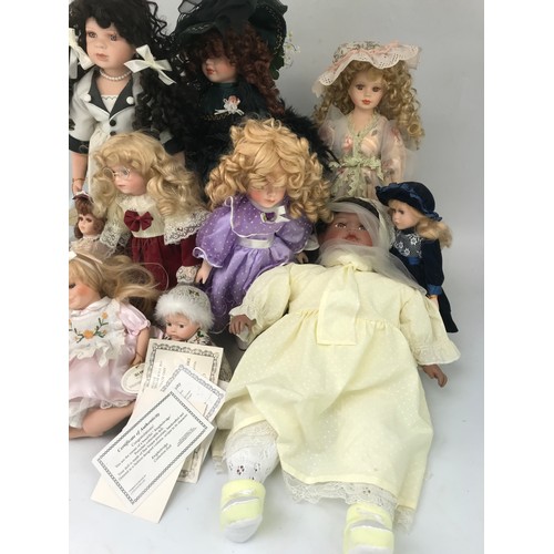 504 - 10 COLLECTORS DOLLS, KNIGHTSBRIDGE COLLECTION, 9 DOLLS SOME WITH CERTIFICATES