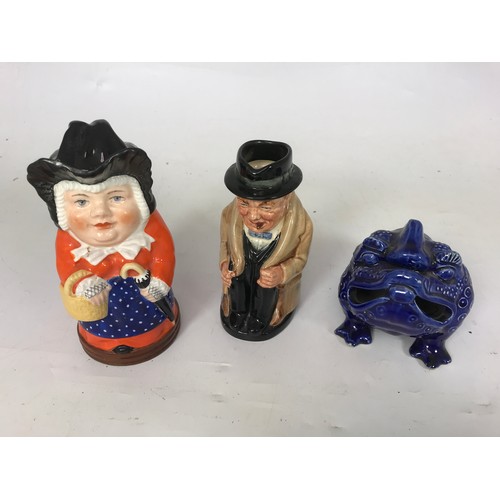 90 - WORCESTER FIGURE OF MRS GAMP AND ROYAL DOULTON CHURCHILL CHARACTER JUG, BURMATOFTS STYLE BLUE GLAZED... 