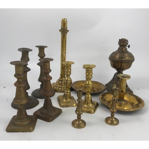 358 - QUANTITY MISC. CANDLESTICKS TOGETHER WITH AN OIL LAMP BASE