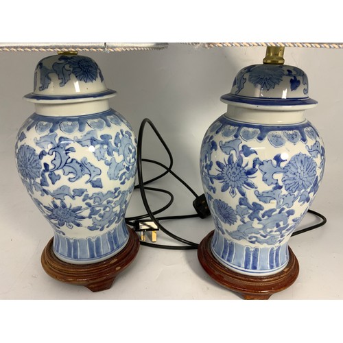 253 - PAIR OF BLUE TABLE LAMPS ON WOODEN BASES, 1 A/F, APPROX. 30 cm TALL, PLUS SHADES.