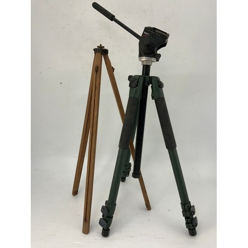 519 - MILITARY TRIPOD MANFROTTO 701RC2 WITH CROWS FOOT MARKINGS, PLUS A SMALLER WOODEN TRIPOD.