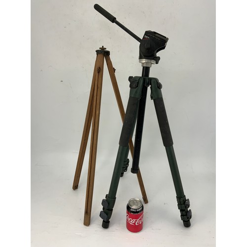 519 - MILITARY TRIPOD MANFROTTO 701RC2 WITH CROWS FOOT MARKINGS, PLUS A SMALLER WOODEN TRIPOD.