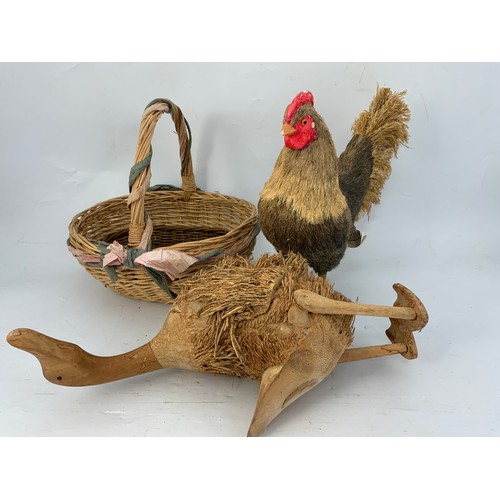 467 - WOODEN DUCK, DECORATIVE CHICKEN, & TWO WOVEN BASKETS