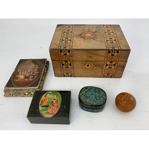 403 - TREEN, INCLUDING INLAID JEWELLERY BOX, CARD BOX, LACQUERED BOX, VINTAGE MATCH BOXES, ETC.