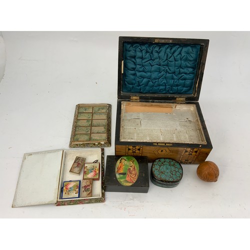 403 - TREEN, INCLUDING INLAID JEWELLERY BOX, CARD BOX, LACQUERED BOX, VINTAGE MATCH BOXES, ETC.