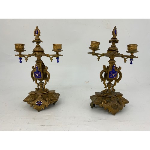 365 - PAIR OF ORNATE CONTINENTAL SPELTER CANDLESTICKS WITH ENAMEL DECORATION