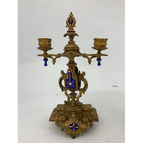 365 - PAIR OF ORNATE CONTINENTAL SPELTER CANDLESTICKS WITH ENAMEL DECORATION