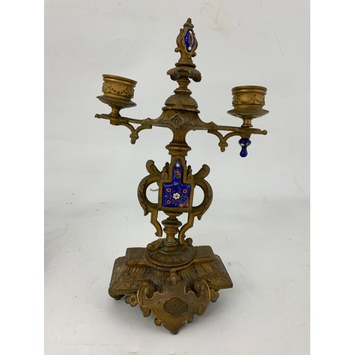 365 - PAIR OF ORNATE CONTINENTAL SPELTER CANDLESTICKS WITH ENAMEL DECORATION