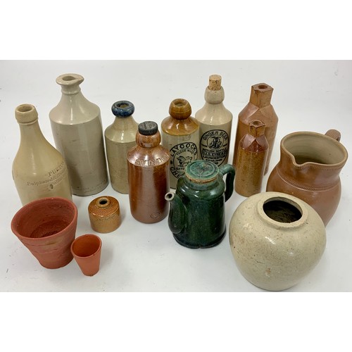 392 - MISC. STONEWARE INC. GWR BOTTLE, GINGER BEER BOTTLES, GREEN GLAZED TEAPOT LNER INK POT, ETC.