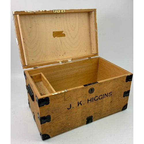 407 - METAL BOUND BOX/ TRUNK MARKED J.K.HIGGINS, APPROX. 50 W X 30 D X 28 H cm