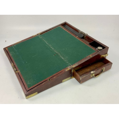 408 - GOOD QUALITY BRASS BOUND WRITING BOX/ KNEE DESK, WITH INSCRIBED BRASS PLATE ‘ANNIE EVANS FROM F.F.EL... 