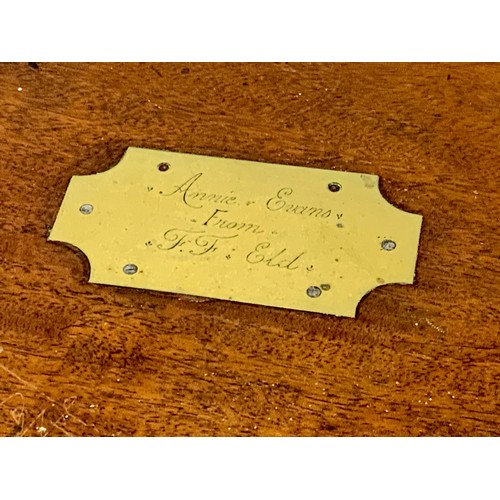 408 - GOOD QUALITY BRASS BOUND WRITING BOX/ KNEE DESK, WITH INSCRIBED BRASS PLATE ‘ANNIE EVANS FROM F.F.EL... 