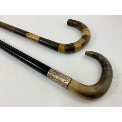 532 - HORN HANDLE WALKING STICK WITH SILVER COLLAR, ONE OTHER HORN WALKING STICK, THUMB STICK AND A YARD S... 