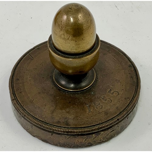 319 - MISC. INC. BRASS MORTAR, BRASS PAPERWEIGHT MARKED 1855, 2 BELLS AND A CUP WEIGHT