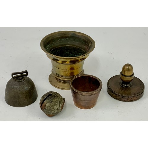 319 - MISC. INC. BRASS MORTAR, BRASS PAPERWEIGHT MARKED 1855, 2 BELLS AND A CUP WEIGHT