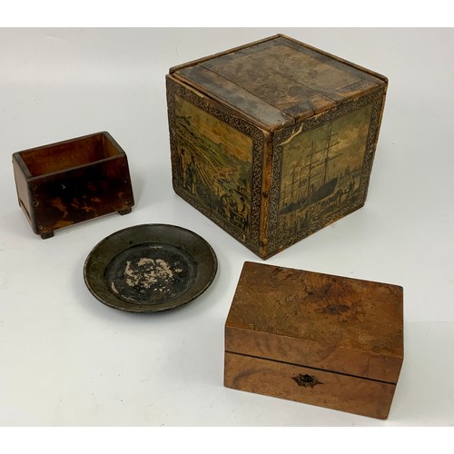 412 - TEA BOX WITH SLIDING LID AND APPLIED DECORATION AF, ONE OTHER BOX WITH HINGED LID, BOX, NO LID AND A... 