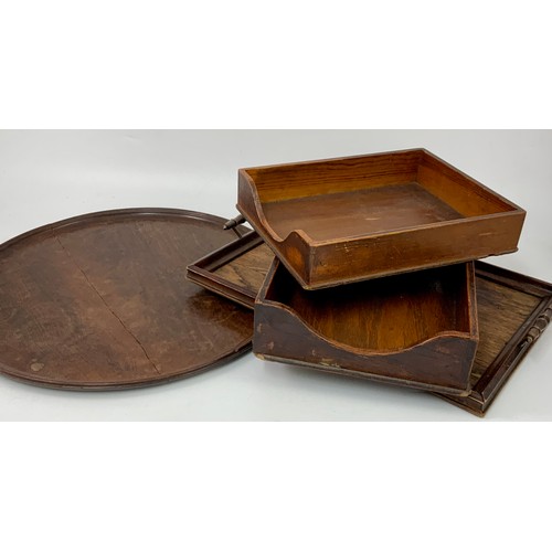 455 - ROUND MAHOGANY TRAY AF, RECTANGULAR OAK GALLERIED TRAY AND 2 LETTER TRAYS