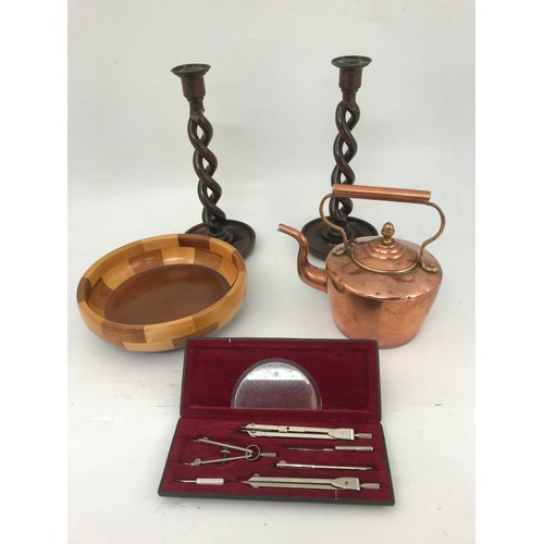 333 - COPPER KETTLE, CASED DRAWING SET, TREEN BOWL AND PAIR OF OPEN BARLEY TWIST CANDLESTICKS.