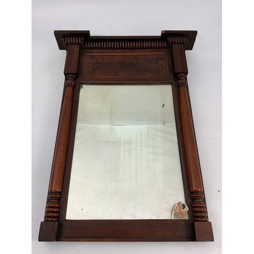 63 - MAHOGANY FRAMED WALL HANGING MIRROR, APPROX 39 X 61 cm