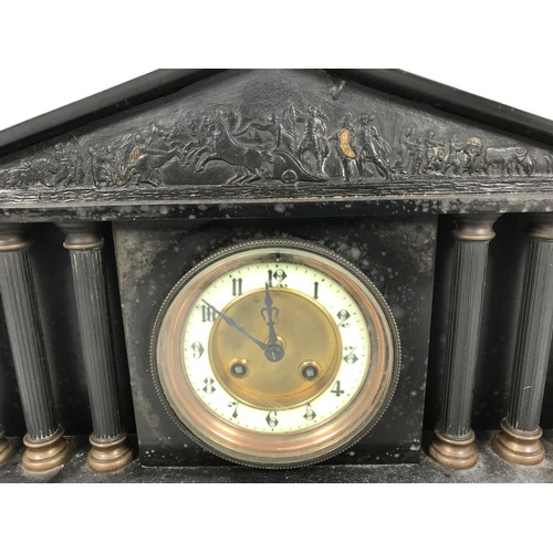 295 - BLACK STONE MANTLE CLOCK WITH NEO CLASSICAL DECORATION