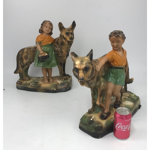 128 - PR. LARGE ART DECO 'GOOD COMPANIONS' CHALK FIGURES, BOY AND GIRL WITH GERMAN SHEPHERD DOGS