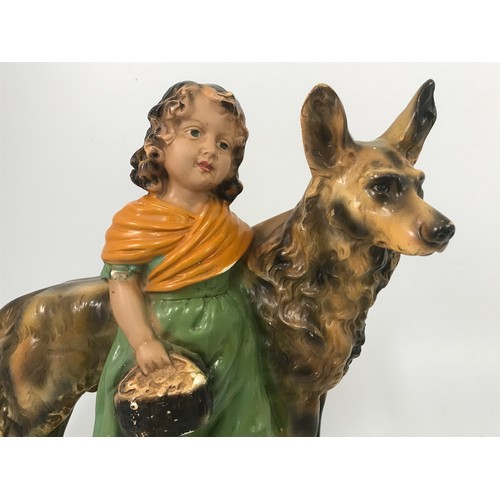 128 - PR. LARGE ART DECO 'GOOD COMPANIONS' CHALK FIGURES, BOY AND GIRL WITH GERMAN SHEPHERD DOGS