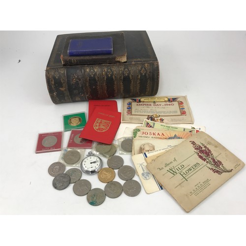 88 - MISCELLANEOUS COINS, EPHEMERA INCLUDING RATION BOOK, RADIO CARDS ETC. AND 3 OLD BIBLES