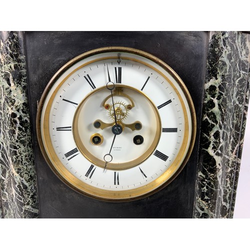 298 - HEAVY CASED SLATE CASED MANTLE CLOCK, WITH MARBLE PANELS. HRY MARK PARIS