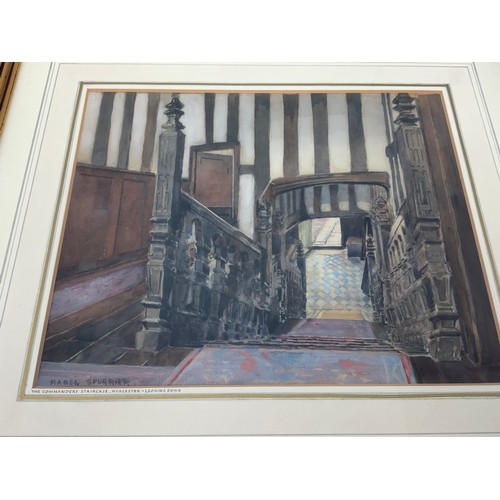 22 - THREE FRAMED WATERCOLOURS, ONE BY MABEL SPURRIER OF THE COMMANDERY STAIRCASE WORCESTER, & A PARRY 19... 