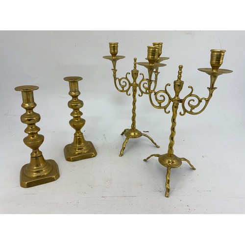 327 - BRASSWARE TO INCLUDE; TWO PAIRS OF CANDLESTICKS, AN ORIENTAL BOWL, A GOOD QUALITY LIGHT FITTING, A T... 