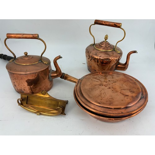 336 - COPPERWARE; TWO KETTLES, WARMING PAN, ETC.