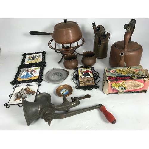 332 - COPPER KETTLE, COPPER FONDUE SET, BLOW TORCH, CAN OPENER, MINCER ETC