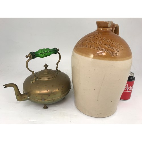 395 - STONEWARE JAR, BROWN & PLUMMER SWINDON, T/W A SMALL BRASS KETTLE WITH COLOURED GLASS HANDLE