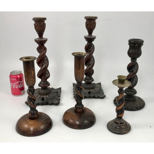 454 - 2 PAIRS OF IMPRESSIVE BARLEY TWIST WOODEN CANDLESTICKS AND 2 OTHERS