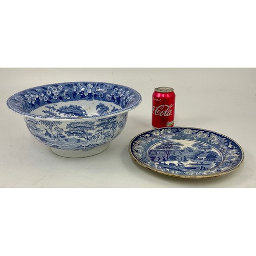 140 - 19TH CENTURY BLUE AND WHITE TRANSFER DECORATED BOWL WITH CASTLE AND BRIDGE SCENE, IMPRESSED COPELAND... 