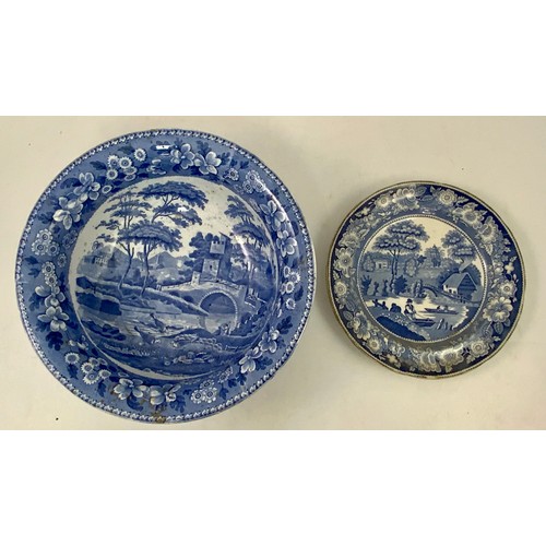 140 - 19TH CENTURY BLUE AND WHITE TRANSFER DECORATED BOWL WITH CASTLE AND BRIDGE SCENE, IMPRESSED COPELAND... 