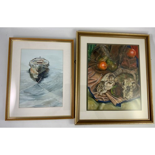 9 - LEON RICHARDSON WATER COLOUR DEPICTING BOAT AND  OIL STILL LIFE INDISTINCTLY SIGNED