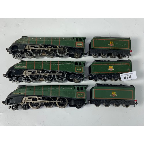 474 - HORNBY DUBLO, 3 X EX LNER A4 LOCOMOTIVES, : 2R 60030 GOLDEN FLEECE, 3R 60016 SILVER KING & 60022 MAL... 