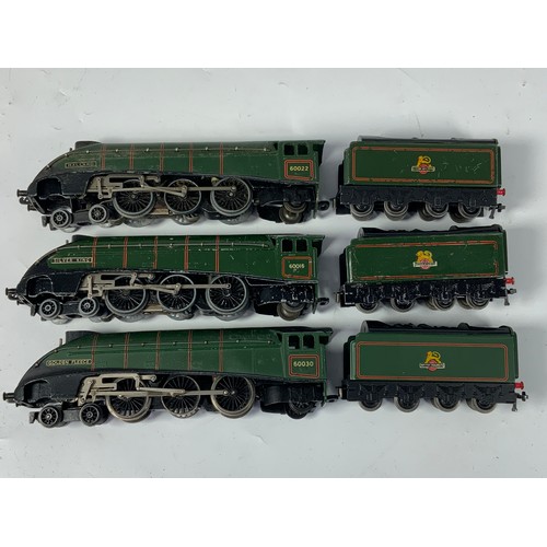 474 - HORNBY DUBLO, 3 X EX LNER A4 LOCOMOTIVES, : 2R 60030 GOLDEN FLEECE, 3R 60016 SILVER KING & 60022 MAL... 