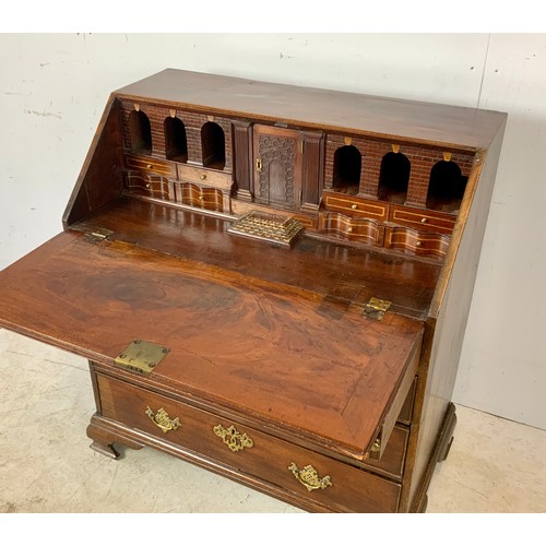 366 - ANTIQUE MAHOGANY BUREAU WITH FALL FRONT AND UNUSUAL FITTED INTERIOR (W - 90CM; H - 102CM; D - 51CM)