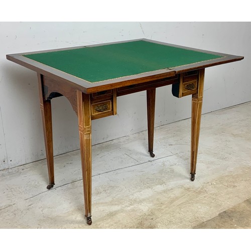 379 - EDWARDIAN INLAID MAHOGANY DESK/ CARD TABLE ON SQUARE TAPERED LEGS WITH CASTERS