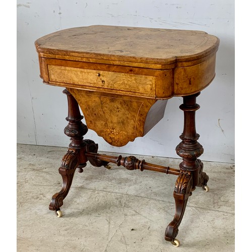 292 - VICTORIAN INLAID WALNUT GAMES / SEWING TABLE WITH SLIDE OUT WOOL BOX