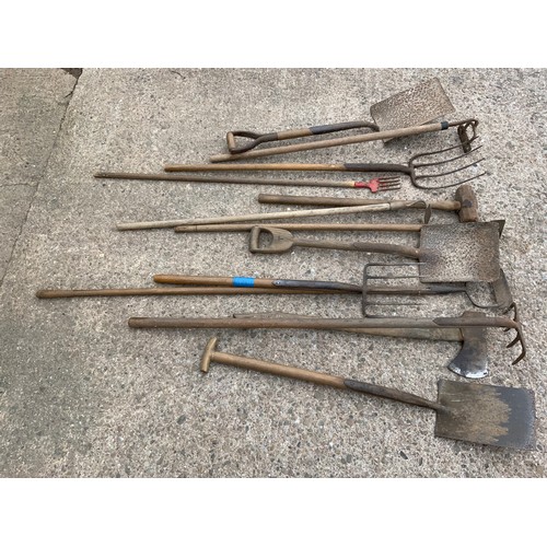 6 - QTY. OF OLD TOOLS, AXE, SHOVELS, HAY FORK ETC.