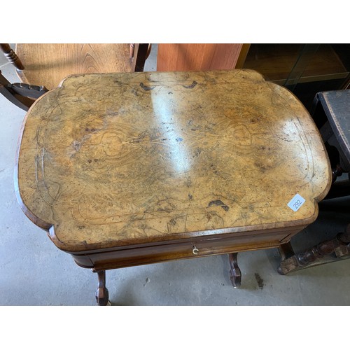 292 - VICTORIAN INLAID WALNUT GAMES / SEWING TABLE WITH SLIDE OUT WOOL BOX