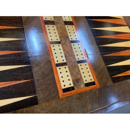 292 - VICTORIAN INLAID WALNUT GAMES / SEWING TABLE WITH SLIDE OUT WOOL BOX