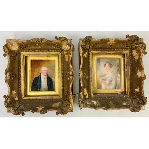 23 - PR. GOOD QUALITY PORTRAIT MINIATURES ON IVORY, DEPICTING A LADY AND GENTLEMAN IN GEORGIAN COSTUME, E... 