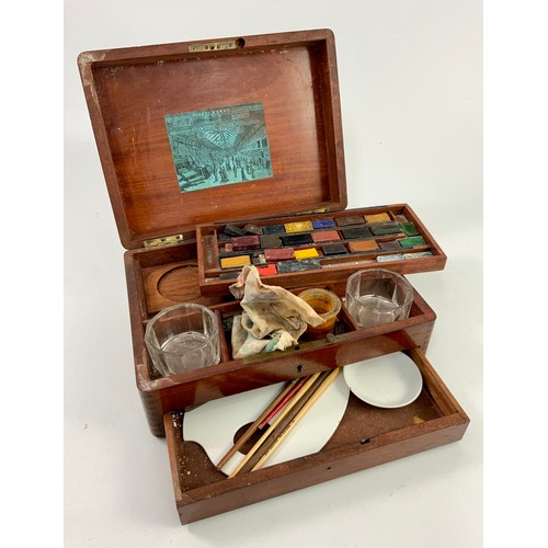 200 - 19TH CENTURY MAHOGANY CASED PAINT BOX, FITTED AND WITH ORIGINAL PAINT BLOCK AND PORCELAIN PALETTE CO... 