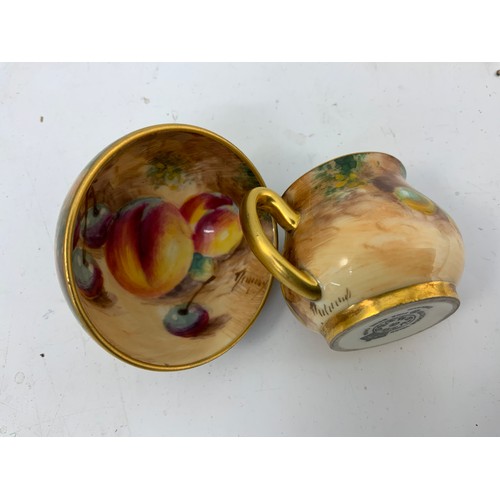 40 - ROYAL WORCESTER MINATURE SUGAR BOWL DECORATED WITH HAND PAINTED FALLEN FRUIT SIGNED WITH A TWO HANDL... 