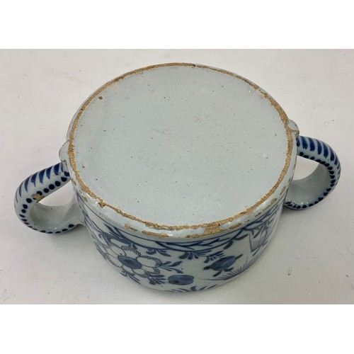 91 - DELFT WARE 2 HANDLED BLUE AND WHITE POT WITH FLOWER DECORATION, APPROX. 15 cm dia.